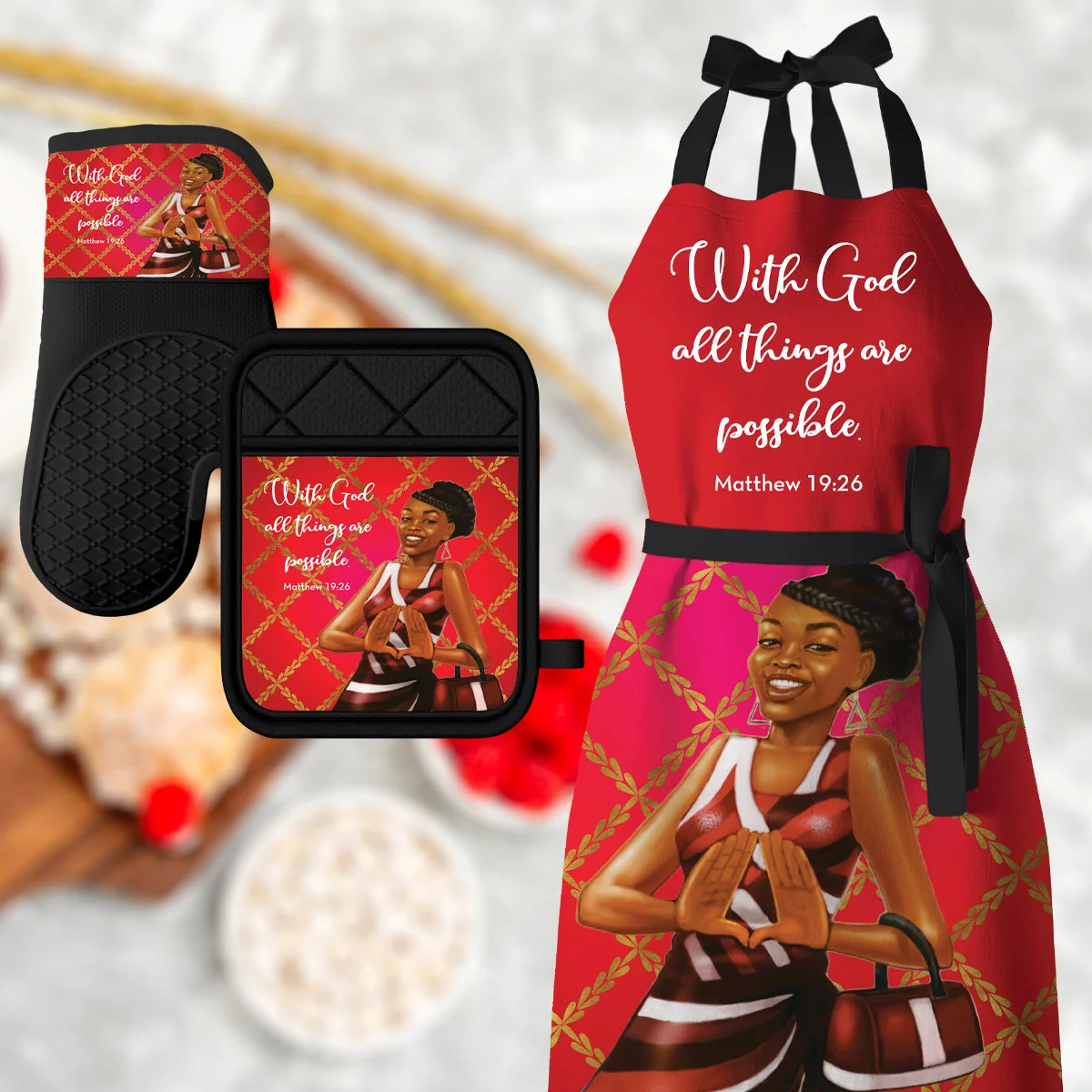 RED AND WHITE MITT/POT HOLDER SET - Image 4
