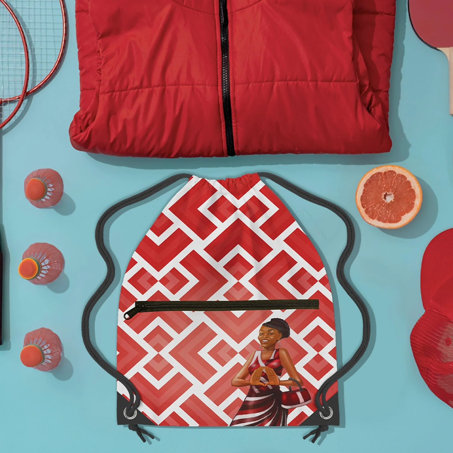Red and White Drawstring Backpack - Image 3